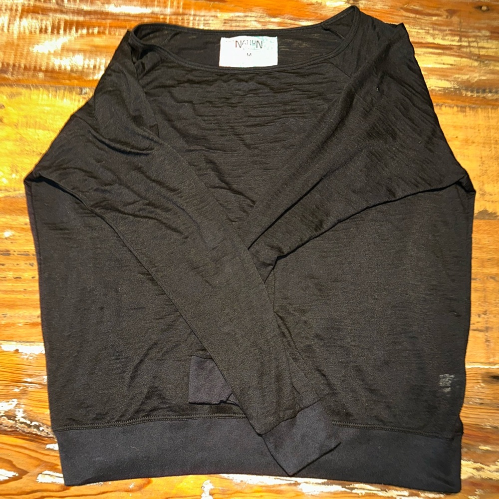Nation LTD Slub Black Long Sleeve Back Draped T-Shirt in Medium